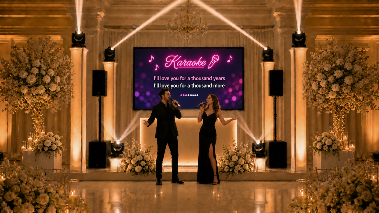 Illustration av karaoke med DJ-utrustning och eventbelysning