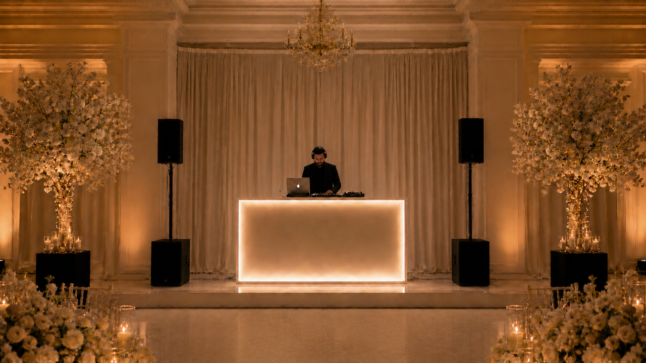 Illustration av small med DJ-utrustning och eventbelysning